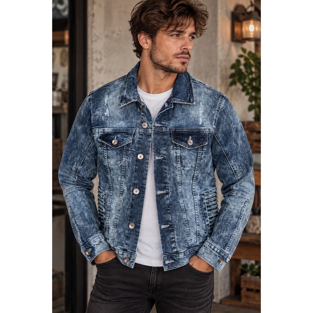 WT02 Mens Acid Wash Distressed Moto Denim Trucker Jacket Blue Medium